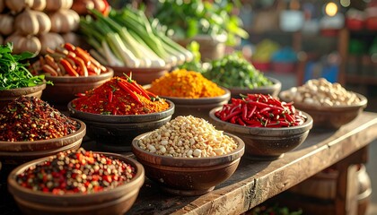 Fototapeta premium Colorful display of herbs and spices at a local market in the afternoon sun with various bowls stacked on a wooden table