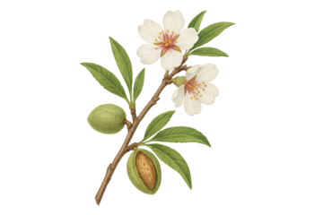 Botanical illustration of an almond branch with white blossoms, green fruit, cracked hull revealing the nut and lanceolate leaves on a transparent background