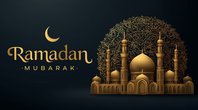 A digital illustration of a mosque with Ramadan Mubarak text on a dark background