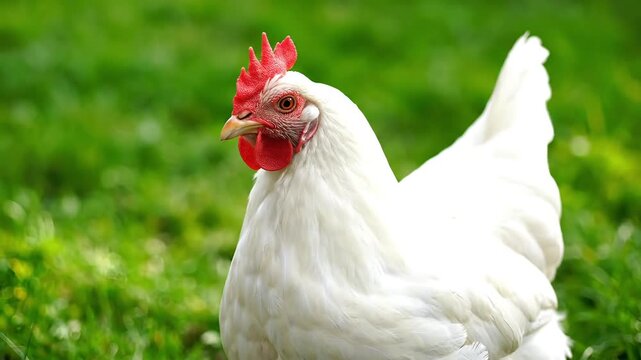 White chicken with red comb standing in green grass