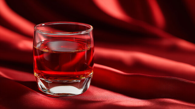 Close up of chilled baijiu in clear glass luxury pro efb e be standard v w red silk background