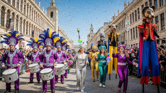 Carnival parade with costumed performers on stilts and drummers celebrating a festive street event with confetti
