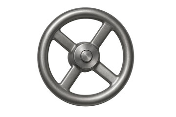 Obraz premium Metal industrial handwheel valve with four spokes and circular rim, photographed top-down on a transparent background