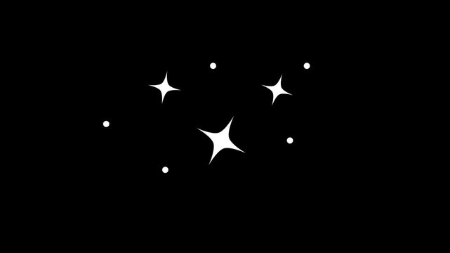 Twinkling sparkle stars animation featuring white cartoon flat vector doodles, glitter shine and blinking light effect, glowing star motion on black screen background for bright festive 4K visuals
