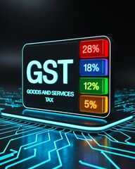 A futuristic 3D render of a digital display showing GST (Goods and Services Tax) slabs and percentages on a glowing blue circuit board background.