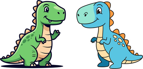 Obraz premium Cute cartoon dinosaurs, a green T-Rex and a blue Diplodocus, smiling and waving with their tiny arms