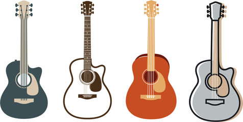 Naklejka premium A collection of four acoustic guitars in a row, displayed against a white background, showcasing different designs and colors