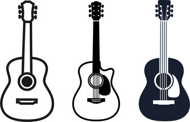Fototapeta premium Collection of three different acoustic guitars illustrated in a simple, modern, black and white graphic style, showcasing their distinct shapes and features
