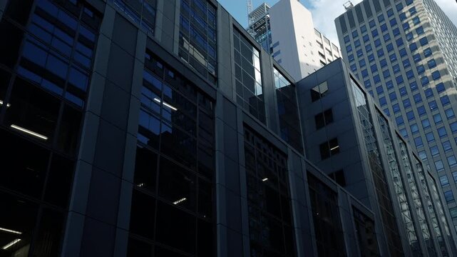 Abstract low angle view of modern building facades in Tokyo corporate zone.