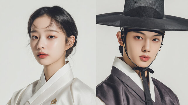 A high-end editorial fashion portrait featuring a beautiful Korean woman in a white silk hanbok and a handsome man in a traditional dark hanbok with a black Gat hat, showcasing elegant Korean heritage