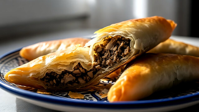 authentic Moroccan briouats bil futur (mushroom filo triangles), the flaky, golden layers of warqa pastry breaking apart to reveal a fragrant filling of minced mushrooms, herbs, spices