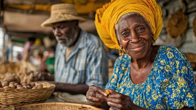 Senior African couple selling almonds. Traditional market scene with elderly vendors. Close-up of woman sorting nuts. Authentic lifestyle, retirement age. Farming, trade, local business.