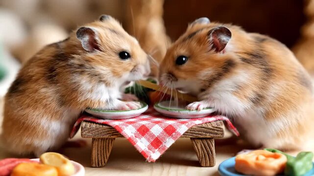 Two cute hamsters sharing a spaghetti noodle at a miniature table 4K Video