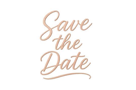 Elegant rose gold script "Save the Date" lettering on a transparent background, calligraphy-style wedding announcement graphic