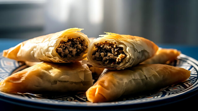 authentic Moroccan briouats bil futur (mushroom filo triangles), the flaky, golden layers of warqa pastry breaking apart to reveal a fragrant filling of minced mushrooms, herbs, spices