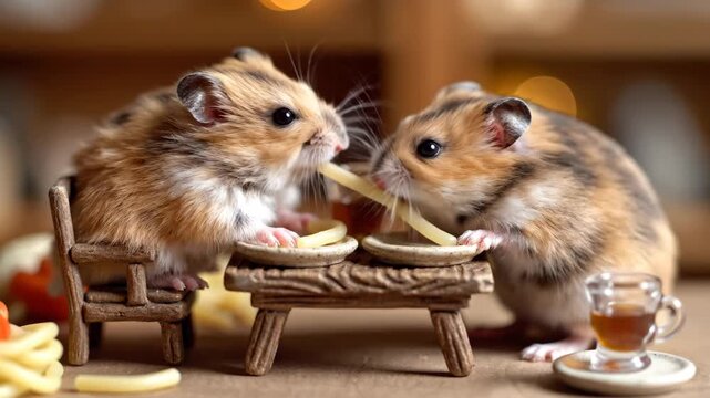 Two hamsters sharing a pasta dinner at a miniature table 4K Video