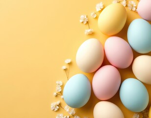 pastel Easter eggs on a yellow background. Spring card template with space for text