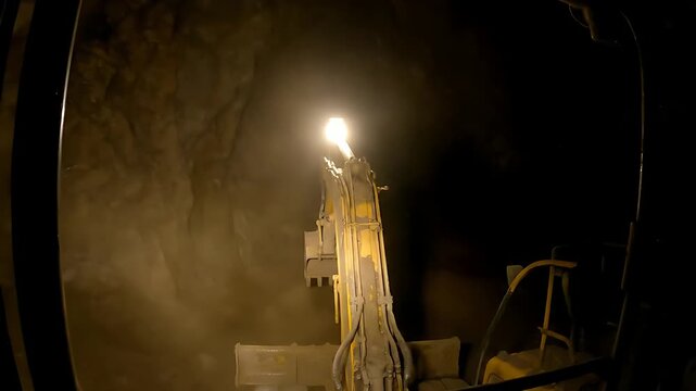 Powerful heavy mining machinery equipped with a bright spotlight illuminates dark subterranean tunnel construction operations in an underground excavation environment.