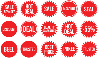 Red Starburst Sale Badge Set with Discount Hot Deal and Quality Guaranteed Labels for E-commerce Marketing and Retail Promotion Stickers