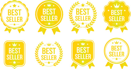 Obraz premium Set of Yellow Best Seller Badge Icons with Ribbons Crowns and Laurel Wreaths for Product Marketing E-commerce Trust Seals and Retail Awards