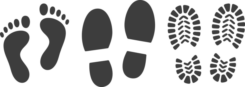 Black Footprint and Shoe Print Icon Set with Barefoot Human Tracks and Boot Sole Patterns for Investigation Outdoors and Activity Tracking Design