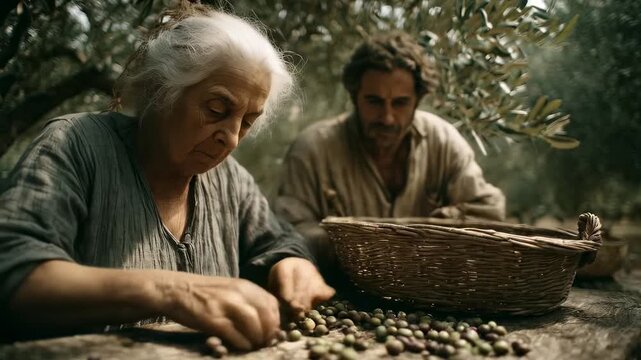 Olive harvest scene, elderly mother and adult son carefully sorting olives. Traditional farming lifestyle, generational work. Mediterranean countryside, rural life, family business.