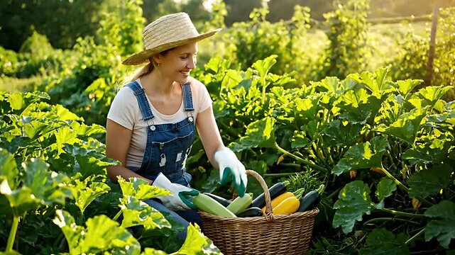Happy female gardener wearing a straw hat and denim overalls smiles while harvesting fresh organic zucchini squash from a lush, green garden plot during golden hour sunlight.