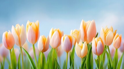 Beautiful soft pastel tulips blooming in a serene garden landscape with a clear blue sky in the background, perfect for springtime themes and floral designs