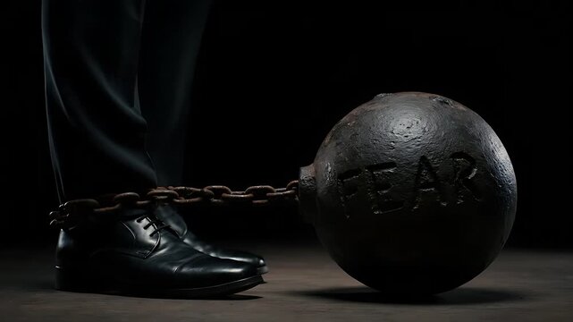 A somber visual representation of a person's leg and polished black dress shoe shackled by heavy iron chains to a large, rough metal cannonball engraved deeply with the word fear.