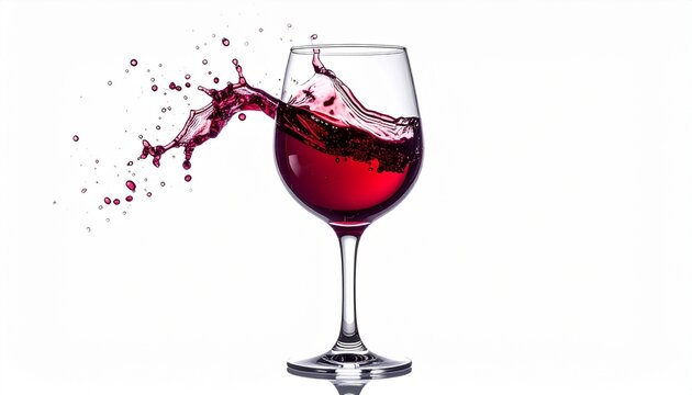 Red wine spills from a glass while being poured into a clear wine glass on a white background