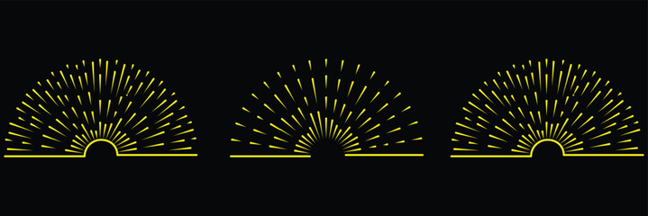 Collection of beige boho sunrise line icons with various retro, geometric, and radiating line designs