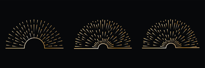 Collection of beige boho sunrise line icons with various retro, geometric, and radiating line designs