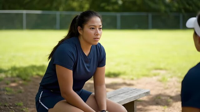 Young Asian woman in navy blue athletic wear sitting on a bench with a coach during a softball practice session outdoors.
