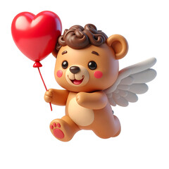 Cartoon Teddy Bear Cupid with Red Heart Balloon on Transparent