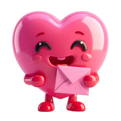 Cute Pink Heart Character Holding Envelope on Transparent Background