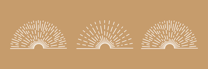 sunburst, sunset beams collection. Boho style, modern minimalist bohemian design. Hand drawn bursting sun, light rays. Logotype or lettering retro design element. Vector