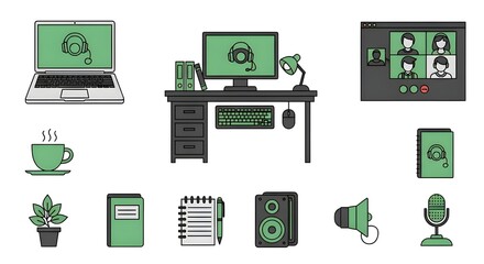 Remote Work Home Office Icons &ndash; Laptop, Desk Setup, Virtual Meeting Vector Pack