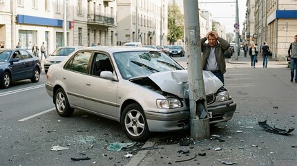 Naklejka premium Man standing by wrecked car after colliding with pillar on urban street. Car accident scene with damaged vehicle on city road. Auto insurance claim concept.