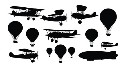 Vintage aircraft and balloons a collection of silhouettes in black and white © nurjahan