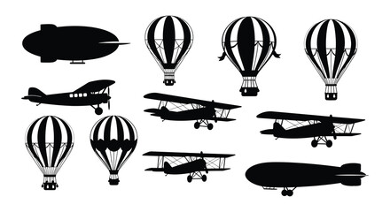 Vintage aircraft and balloons a collection of silhouettes in black and white © nurjahan