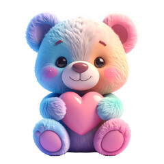 Pastel Teddy Bear Holding Heart on Transparent Background
