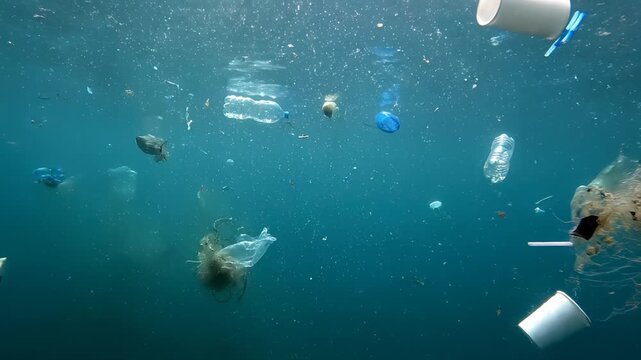 Underwater Scene With Plastic Waste and Pollution.