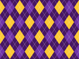 Seamless argyle diamond pattern in purple and yellow with white lattice lines. Geometric Mardi Gras colors seamless pattern for textile, wallpaper, and wrapping paper. © Ekaterina