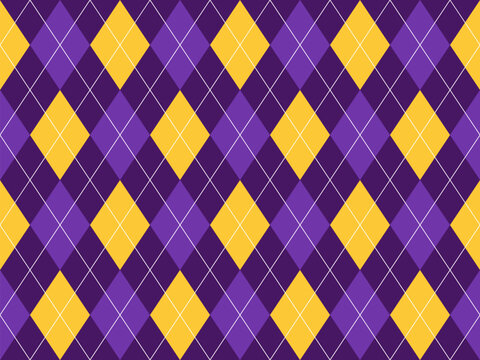 Seamless argyle diamond pattern in purple and yellow with white lattice lines. Geometric Mardi Gras colors seamless pattern for textile, wallpaper, and wrapping paper.