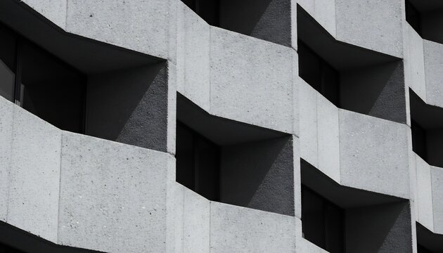 Architectural detail photograph of a brutalist building, focusing on the strong geometric lines, raw textured concrete facade, and the interplay of light and shadow, black and white, high contrast