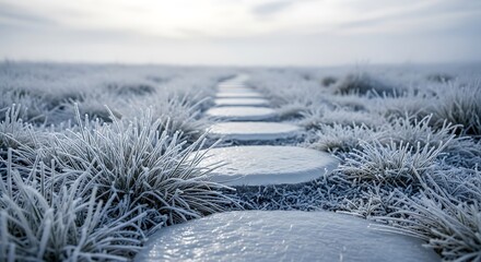 Frosty grassland pathway with icy stepping stones