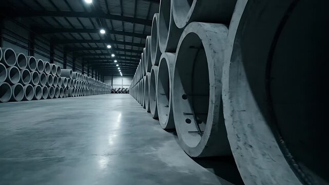 Massive industrial warehouse storing immense rows of large stacked concrete drainage pipes under dim overhead lighting provides a sense of scale.