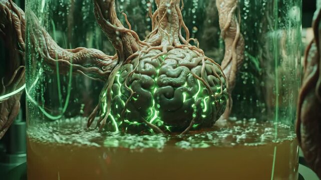 SciFi Medical Chamber Brain Specimen Jar Green Glow Organic Growth Tubes Yellow Fluid Dark Background