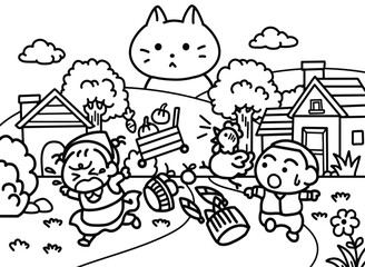 Naklejka premium Giant Cat Invasion and The Panic in the Little Village