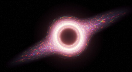 Horizon des evenements d'un trou noir supermassif creant une distorsion lumineuse spectaculaire dans l'espace infini. AI Generated